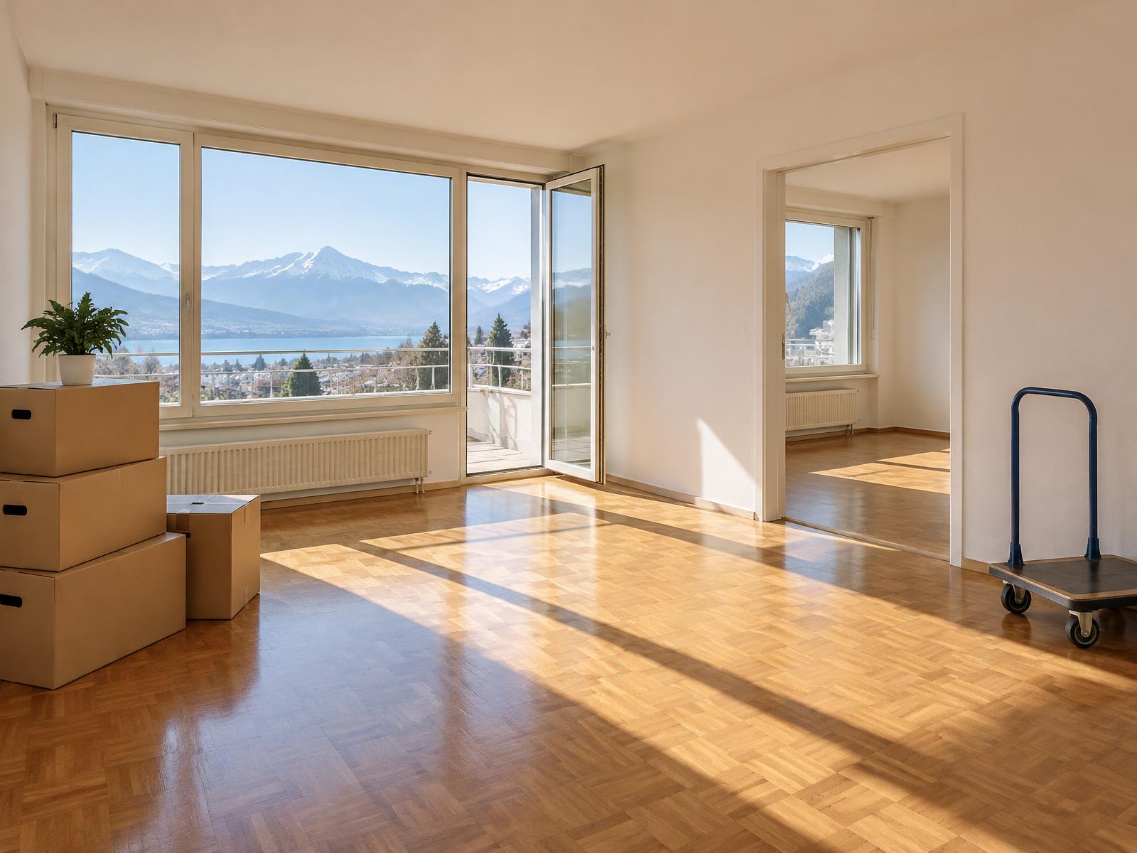 Leere, helle Wohnung mit Umzugskartons und Rollbrett
