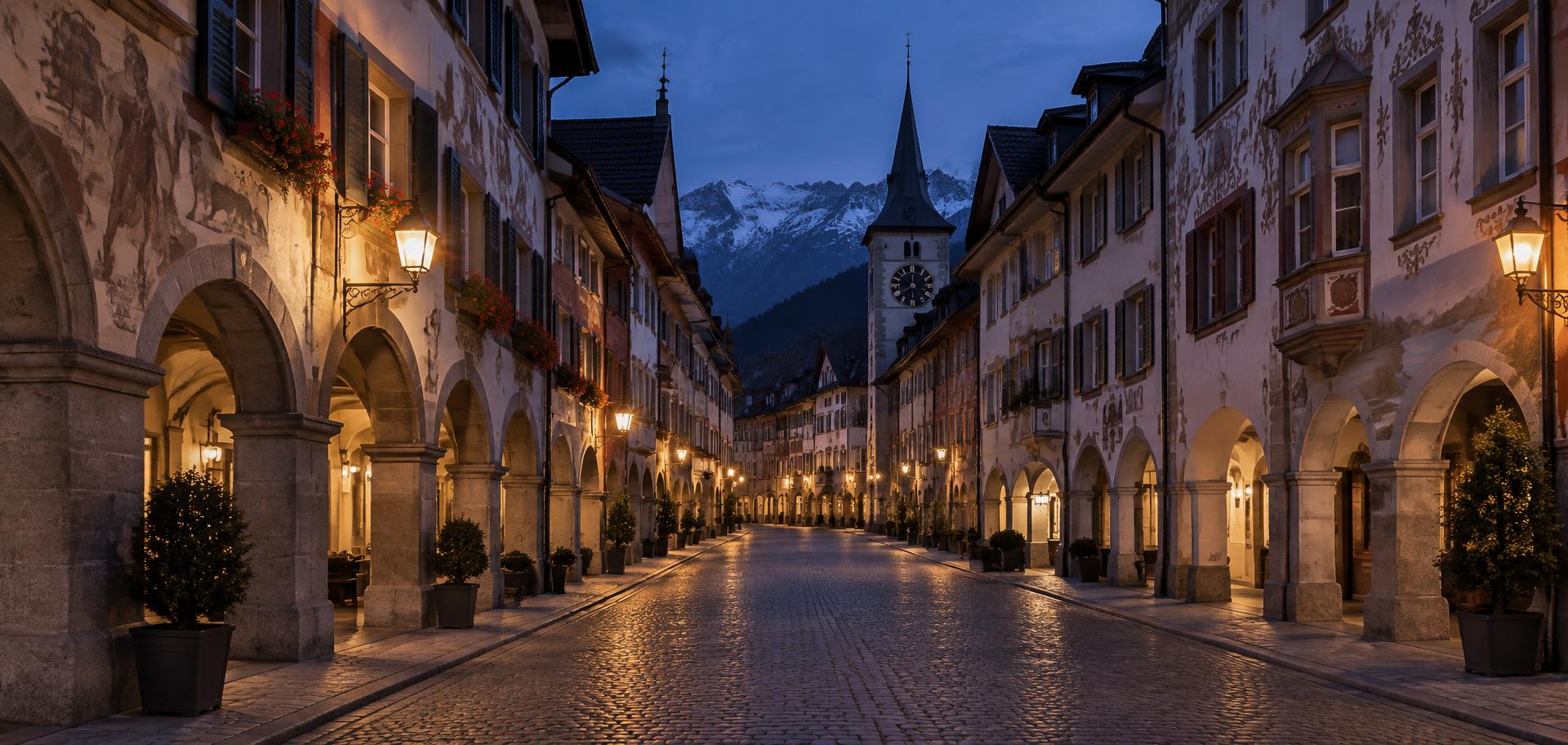 Altstadtgasse mit Arkaden in der Abenddämmerung