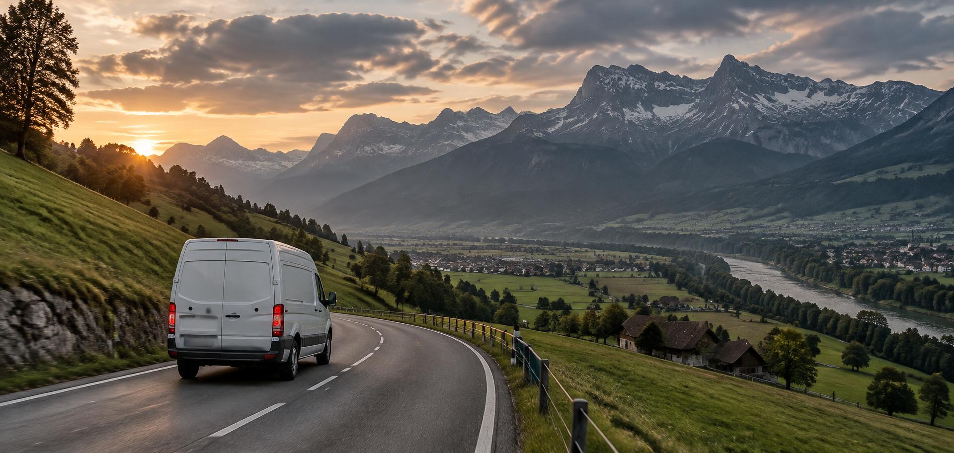 Weisser Lieferwagen auf einer Landstrasse bei Sonnenuntergang